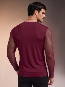ZURIURI Men's Mesh Patchwork Cowl Neck Casual Sexy Rave Versatile Daily Wear T-Shirt Party Club Black Autumn - Burgundy - View 2