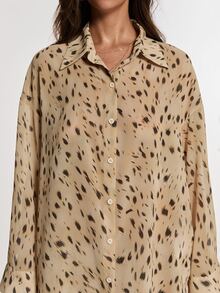 Opulessa Women's Animal Print Contrast Button Shirt And Drawstring Waist Loose Pants 2 Pieces Set - Brown - View 6