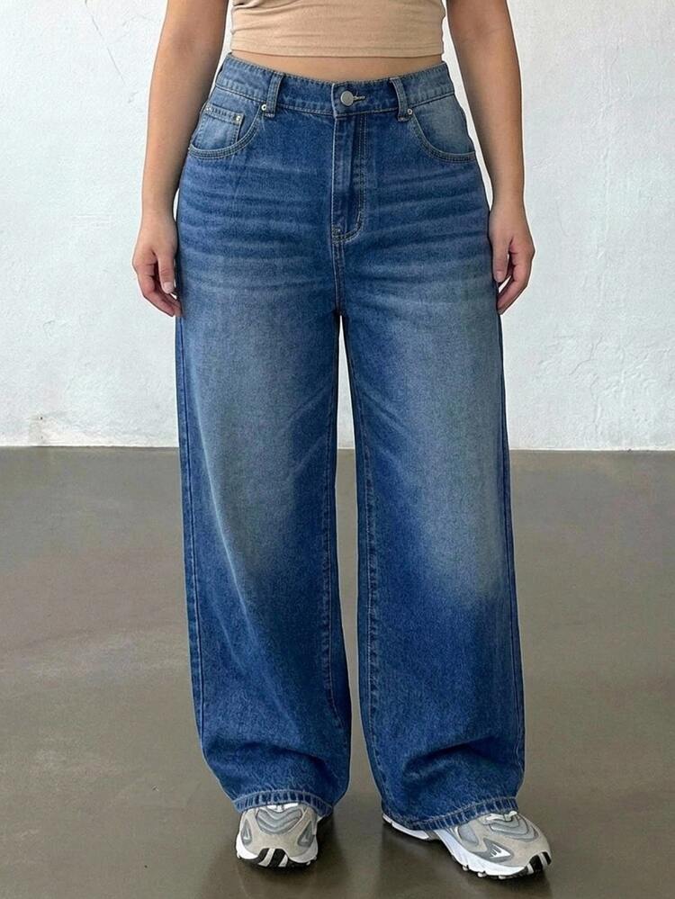 Dazy Plus Vintage Washed Distressed Loose Straight Leg Jeans Street Casual Versatile All Season Long Pants - Medium Wash - View 1