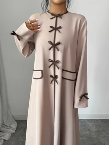 Yasmyna Women's Bow Decor Long Sleeve Elegant Arabian Dress - Khaki - View 4