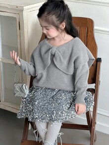 DAZY Young Girl Solid Color Long Sleeve Top And Sequin Shorts Knit Set - Grey - View 7