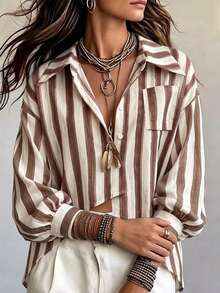 SHEIN Franclia Women's Striped Casual Versatile Daily Commute Shirt - Coffee Brown - View 1