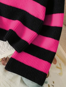 SHEIN Elladie kids 女童開學短版條紋套頭毛衣，長袖休閒黑白條紋針織上衣，冬季女學生秋季穿搭 - 彩色 - 查看 4