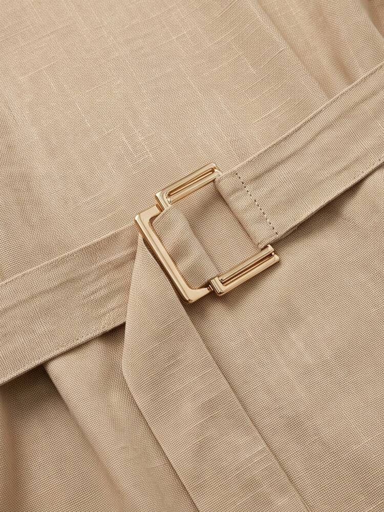 SHEIN Raffinéa Women's Spring/Autumn Solid Color Round Neck Batwing Sleeve Long Sleeve Waist Belt Cinched Blouse, Elegant Loose Fit Office Commute Top - Khaki - View 6