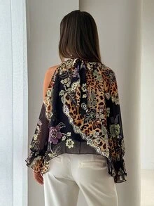 Aloruh Boho Stand Collar Tie Long Sleeve Flared Asymmetrical Hem Chiffon Printed Women's Blouse - Multicolor - View 2