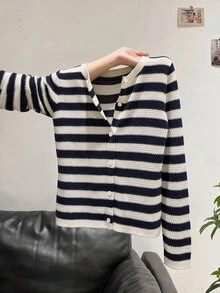 SHEIN LUNE Casual Women's Autumn/Winter Striped Cardigan Sweater - Multicolor - View 5