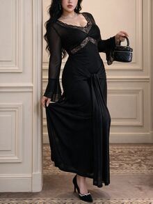 Vibekara Sexy Elegant Lace Criss-Cross Hollow Out Fitted Dress Fall - Black - View 4