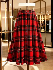GlowEve CURVE Plus Size Plaid A-Line Skirt With Single Button Closure Fall/Winter Brunch Birthday Red Vintage Retro Christmas,New Year, Date, - Red - View 1