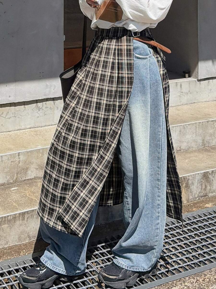 FRIFUL Women's Plaid Side Buckle Design Slit Skirt - Black - View 1