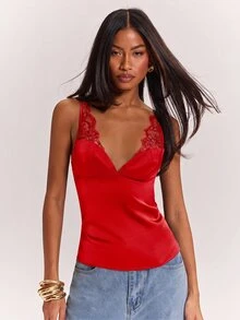 SHEIN BAE 黑色性感透視蕾絲拼接緞面細肩帶背心，適合性感上衣、夜店穿搭、約會、早午餐、郵輪旅行、上班，優雅且性感 - 紅色 - 查看 3