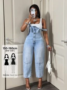SHEIN PETITE Women's Outdoor Fashion All-Season Versatile Utility Pocket Blue Petite Denim Overalls - Light Wash - View 1