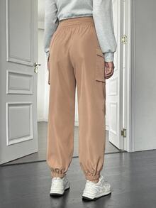 SHEIN Maternity Solid Color Adjustable Waist Casual Daily Long Pants - Khaki - View 2