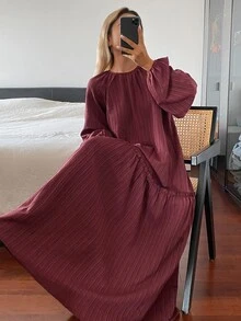 DAZY Gaun Lengan Panjang Berlipit Longgar Warna Polos, Gaun Panjang Wanita Elegan untuk Liburan Musim Semi/Gugur - Burgundy - View 5