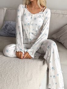 DAZY Women's All-Over Print Long Sleeve Top And Pants Casual Daily Home Sleepwear Set - White - View 4