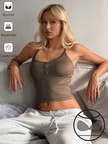 Livesso Atasan Camisole Kasual Wanita Warna Polos dengan Desain Kancing - Khaki - View 4