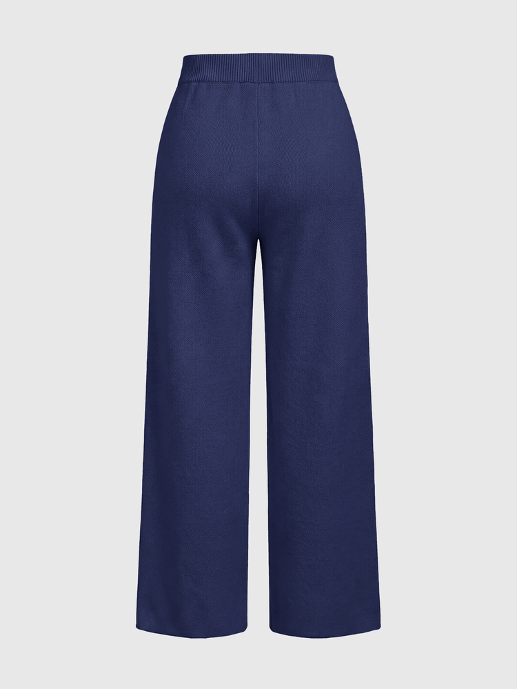 ROMWE Kawaii Women's 2 Pieces Set: Shoulder Strap V-Neck Lace Strap Loose Wide Leg Pants & Comfortable Home Sweater - Navy Blue - View 7
