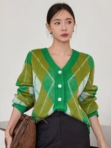 Dazy-Less Women's Olive Green Round Neck Button Cable Knit Long Sleeve Fitted Ribbed Cardigan, Fall/ Brunch Casual Preppy - Green - View 7