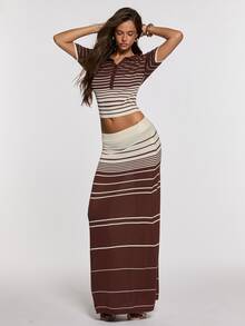 Opulessa Women's Striped Short Sleeve Top And Skirt Knit Two Pieces Set - Brown - View 6