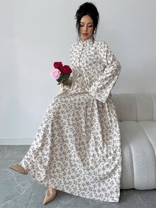 Yasmyna Gaun Pesta Kasual Berlipit Motif Cetak Seluruh Permukaan Gaya Arab untuk Wanita - Khaki - View 1
