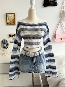 Soleia Plus Size Women's Autumn/Winter Long Sleeve Striped Sweater - Multicolor - View 3