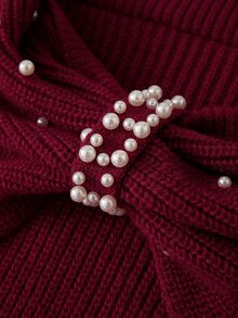 Easowa Curve Plus Size Women's Faux Pearl Decor Casual Everyday Cardigan - Red - View 8