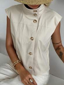 Livesso Women's Fashion High Neck Button Vest Jacket - Apricot - View 3