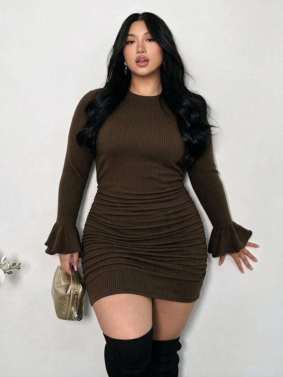 Firerie Dark Brown Plus Size Cinched Waist Ruched Slimming Mini Flared Long Sleeve Skirt/Party Autumn Winter Comfortable High Elastic - Brown - View 1