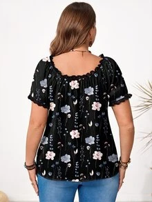 Rosumi Plus Size Floral Print Lace Trim Blouse - Multicolor - View 2