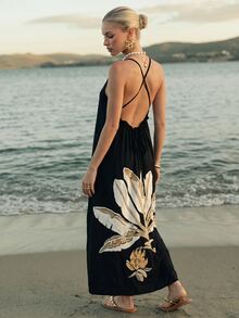 CAJUNI Chic Vacation Golden Palm Embroidery Elegant Open Back Maxi Dress - Black - View 7