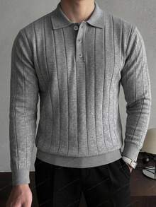 DAZY Men's Grey Polo Collar Ribbed Sweater, Autumn/Winter - Grey - View 4