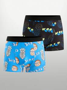 Rick and Morty X SHEIN 2pcs Cartoon Men's Boxer Briefs, Graffiti All-Over Print Youth Square Shorts - Black - View 1