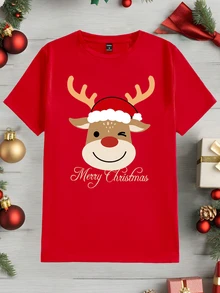 Manfinity Homme 聖誕可愛鹿 Merry Christmas 標語時尚休閒印花男士紅色標準尺寸修身短袖T恤 - 紅色 - 查看 3