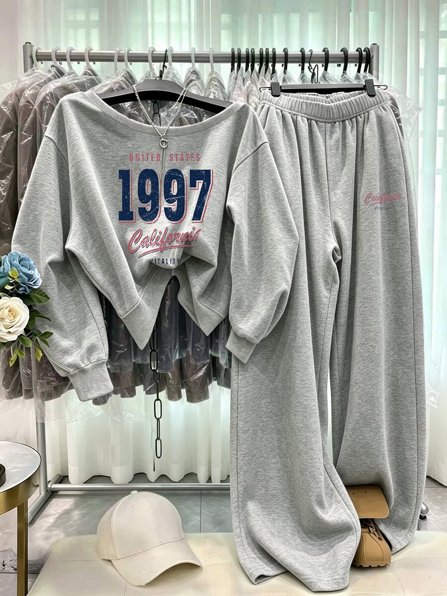 SHEIN 2件組女款休閒寬鬆露肩字母印花長袖衛衣與格紋長褲套裝,秋冬款 - 淺灰色 - 查看 1