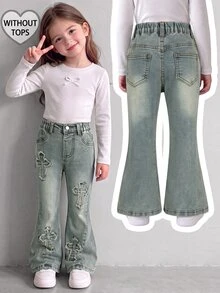 SHEIN Girls' Vintage Washed Flared Jeans, Elastic Waistband, Frayed Cross Patchwork Decor, Retro Distressed Loose Flare Denim Pants, Suitable For Toddlers, Street Style, Perfect For Girls' Daily Play And Casual Occasions In Spring And Autumn - Blue - View 6