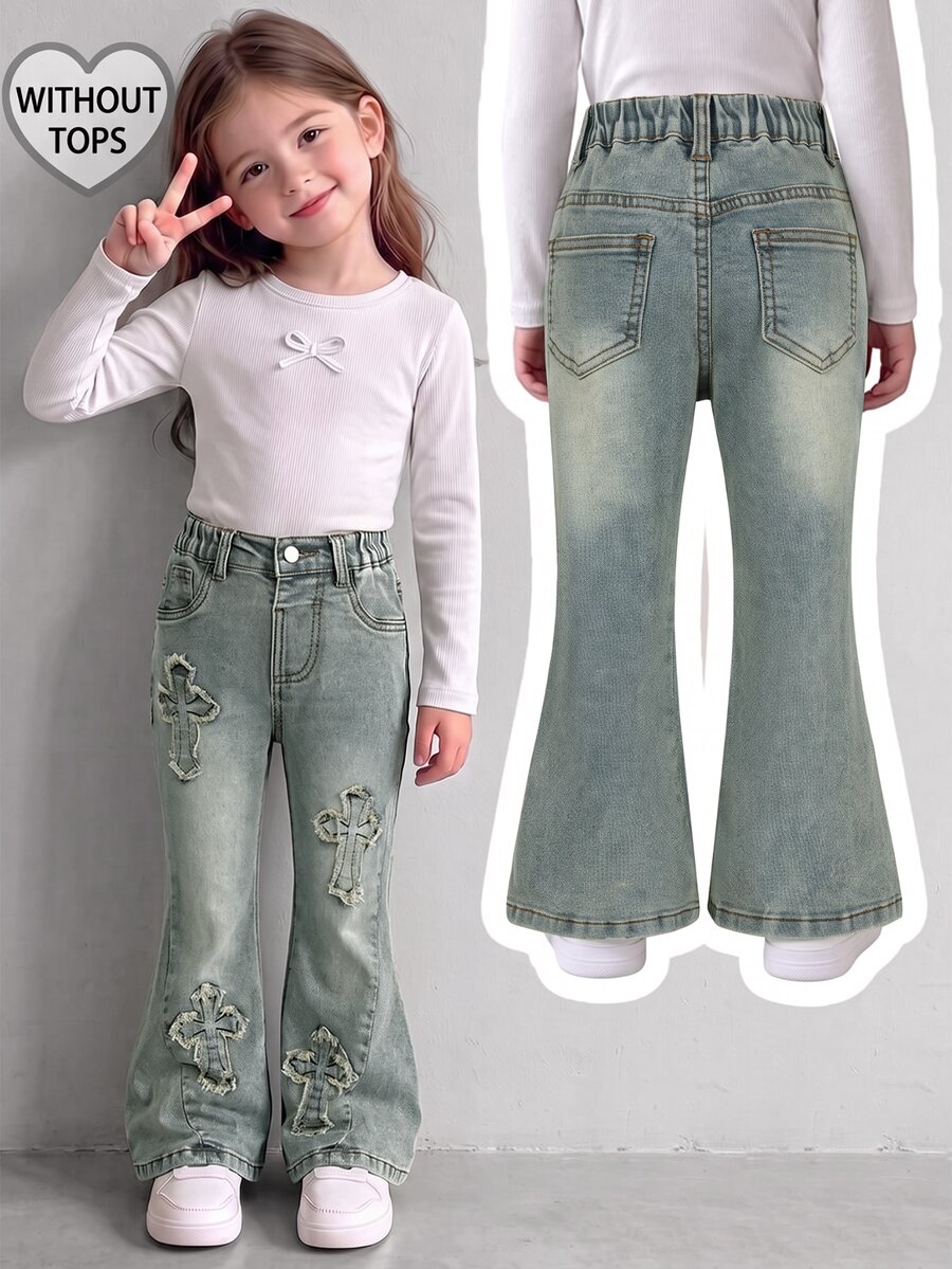 SHEIN Girls' Vintage Washed Flared Jeans, Elastic Waistband, Frayed Cross Patchwork Decor, Retro Distressed Loose Flare Denim Pants, Suitable For Toddlers, Street Style, Perfect For Girls' Daily Play And Casual Occasions In Spring And Autumn - Blue - View 1