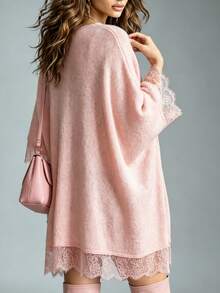 Linhara Plus Size Women's Solid Color Knit Sweater Dress With V-Neck, Short Sleeves, Lace Patchwork And Asymmetrical Hem, Suitable For Autumn/Winter Commuting, Office, Romantic Vacation, Feminine Minimalist Casual - Pink - View 2