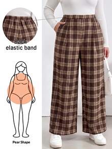 Shapeblank 女款大尺碼棕色格紋寬腿褲 1950年代復古鬆弛款 秋季感恩節畢業正式場合 辦公商務工作教師褲 - 棕色 - 查看 1
