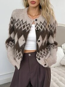 Easowa Casual Vintage Dark Academia Relaxed Elegant Commuter Old Money Style, Women's Round Neck Button-Front Fair Isle Pattern Cardigan Sweater, Fall Brown - Multicolor - View 3