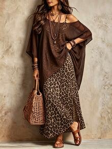 Linhara CURVE Plus Size Women Casual Set Cold Shoulder Asymmetrical Chiffon Cover-Up Vintage Leopard Print Spaghetti Strap Dress - Brown - View 3