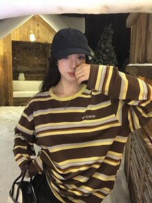 DAZY Women's Round Neck Striped Long Sleeve Spring/Autumn T-Shirt - Grey - View 8