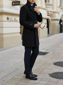 DAZY Men's Mid-Length Double-Breasted Lapel Overcoat With Matching Lining, Autumn/Winter Commuter Style - Black - View 6