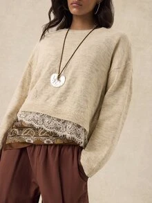 Easelle 女款素色休閒百搭日常穿著長袖針織衫 秋冬波希米亞風米色蕾絲拼接度假風 - 杏色 - 查看 6