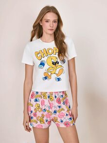 LOONEY TUNES X SHEIN Women's Letter Print Short Sleeve Top And Shorts Pajama Set LOONEY TUNES - Blue and White - View 5