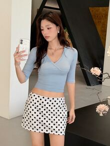 K-Vae Women's Sexy Style Criss-Cross V-Neck Regular Shoulder Mid-Sleeve T-Shirt, Versatile Summer Top - Blue - View 7
