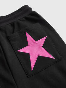 ROMWE Grunge Punk Women's 2pcs Set Star Patchwork Embroidered Letter Vintage Colorblock Black & Pink Hooded Jacket With Colorblock Flared Pants - Black - View 5