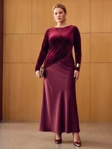 MOTF PREMIUM VELVET CONTRAST SATIN SQUARE NECK FABRIC COVERED BUTTON MID-LENGTH DRESS - Burgundy - View 3
