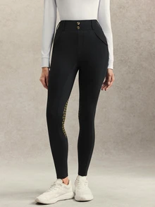 Activina Women's Black Rubber Print & Gold Decorative Buckle Equestrian Leggings - Black - View 3