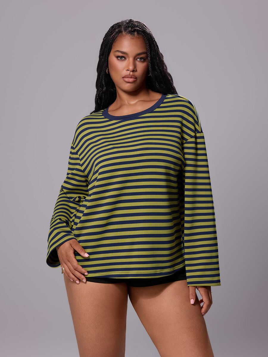 Rustia Plus Size Autumn/Winter Striped Casual Flare Sleeve T-Shirt - Multicolor - View 1