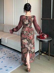 DAZY Women's Jacquard Square Neck Ruffle Cuff Elegant Long Dress - Burgundy - View 2