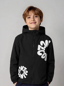 SHEIN 兒童男孩休閒字母圖案印花連帽外套，輕量寬鬆版型拉鍊連帽夾克，黑色秋季開學季冬季外套 - 彩色 - 查看 2